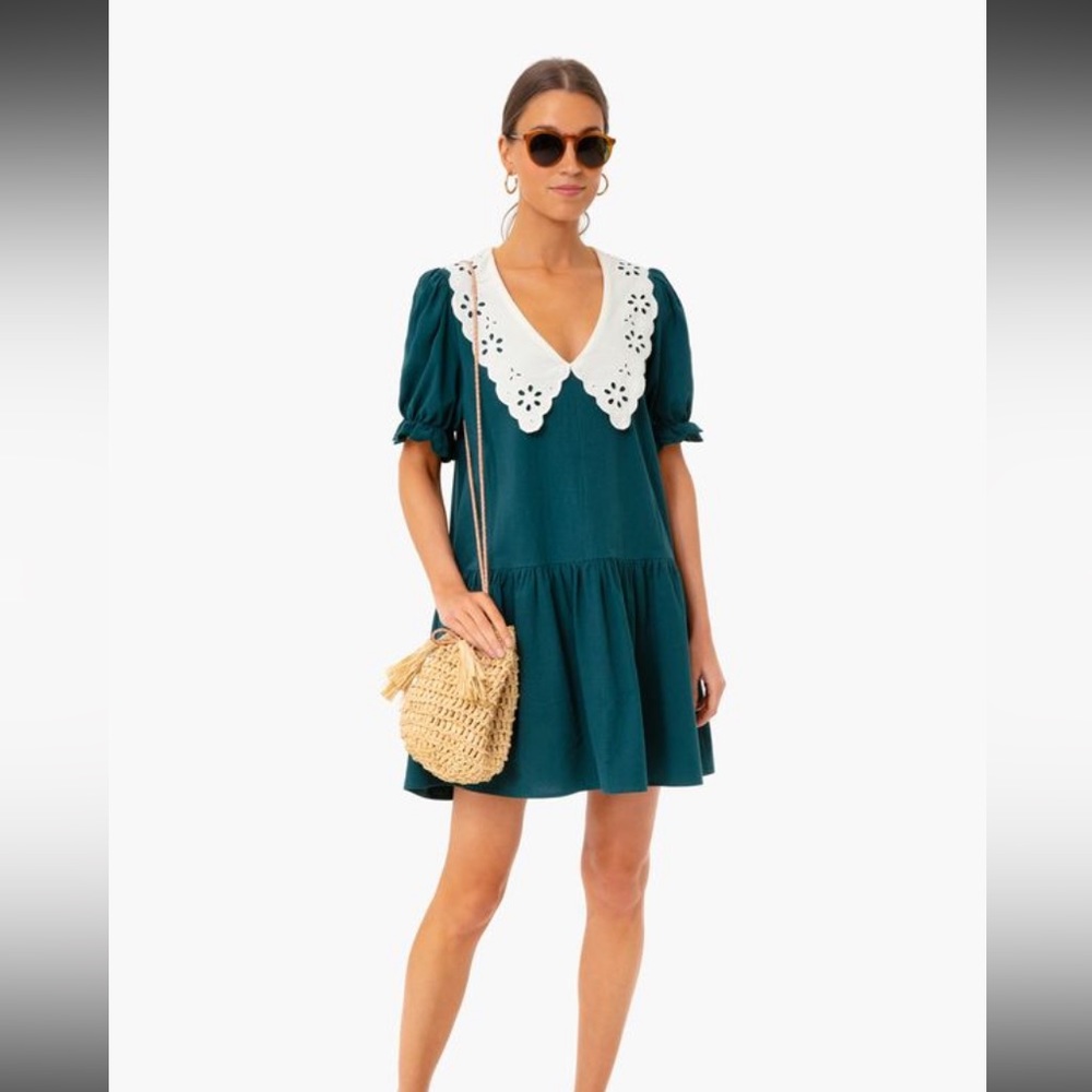 Tuckernuck Pomander Place Peacock green collar dress.